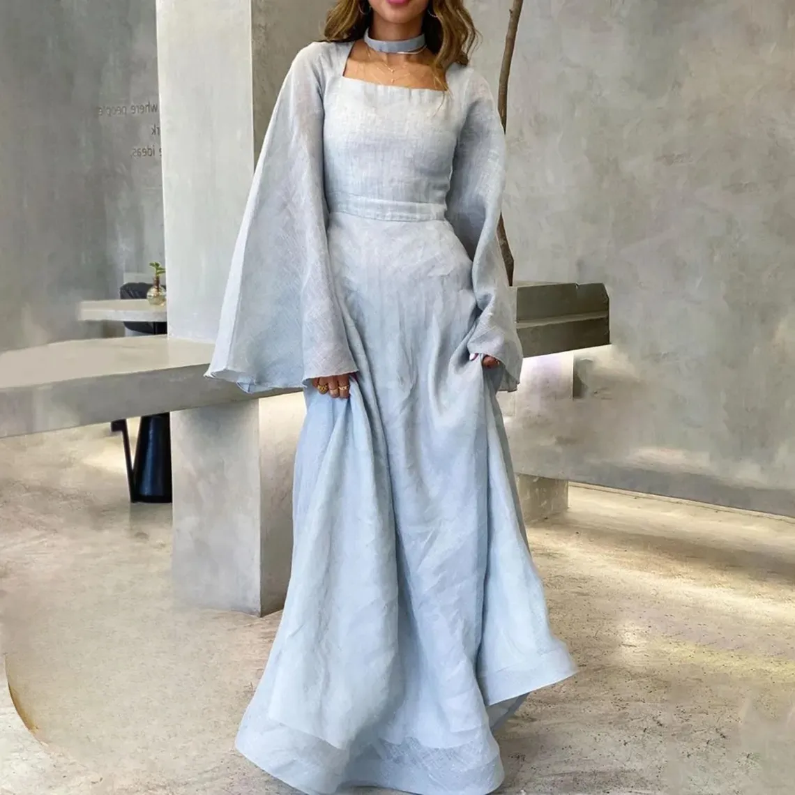 Light Blue Long Sleeves A-Line Long Formal Party Dress Modest Evening Dress, DP4981