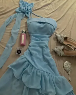 Light Blue One Shoulder A-Line Chiffon Long Party Dress Evening Dress, DP4953