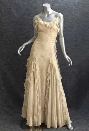 Light Yellow Spaghetti Straps Ruffle Embroidery Long Party Dress,DP1889