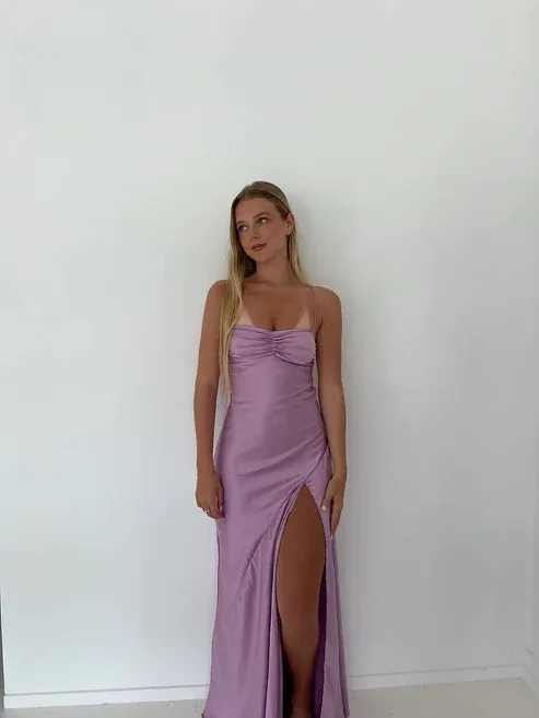 Lilac Straps Satin Cute Long Party Dress with Slit, DP2275