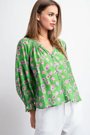 Lime Floral Printed Chiffon Button Front Blouse