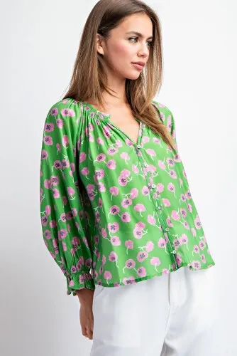 Lime Floral Printed Chiffon Button Front Blouse