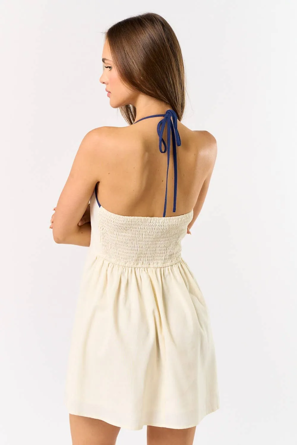 LINEN SEASHELL EMBROIDERY HALTER MINI DRES