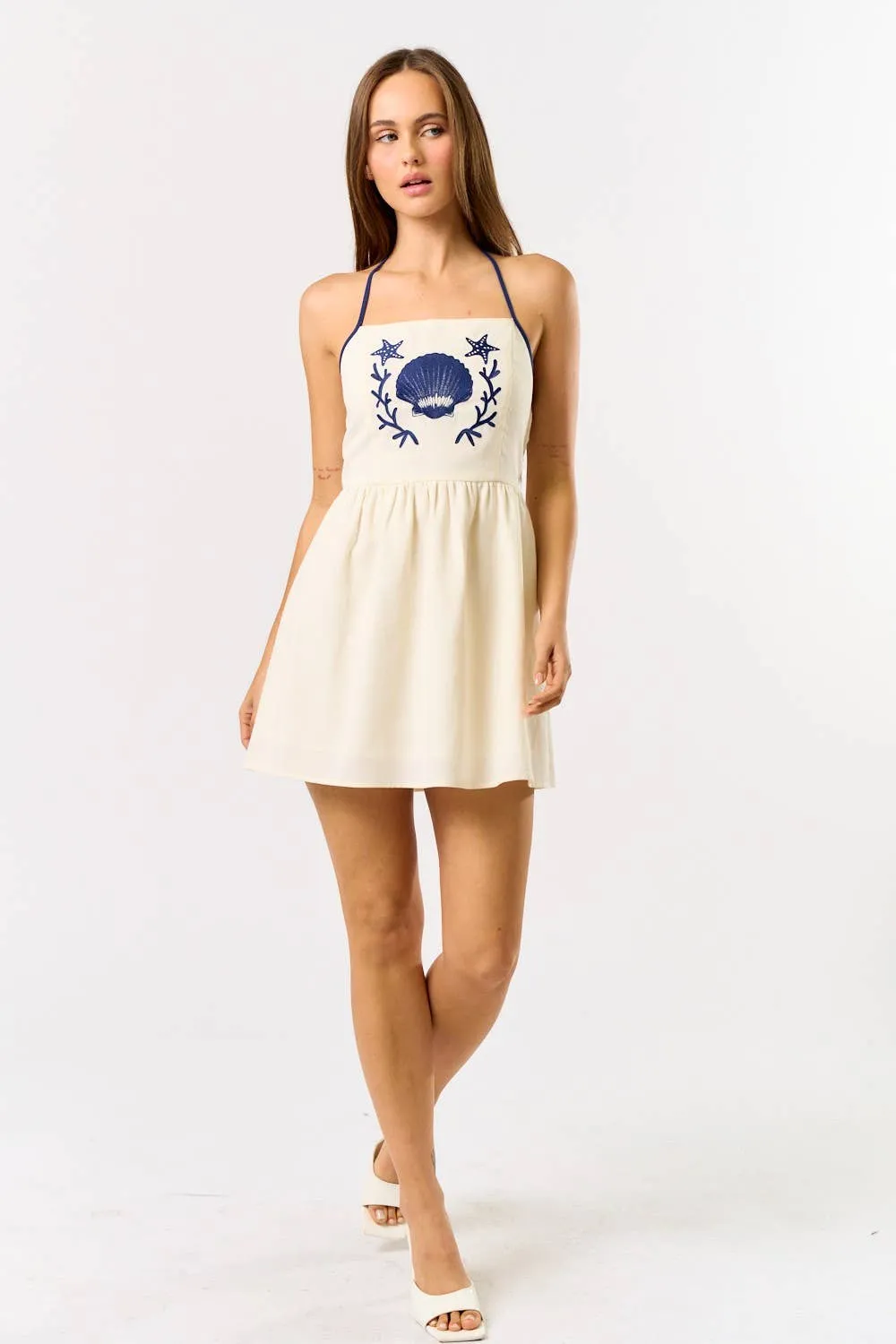 LINEN SEASHELL EMBROIDERY HALTER MINI DRES