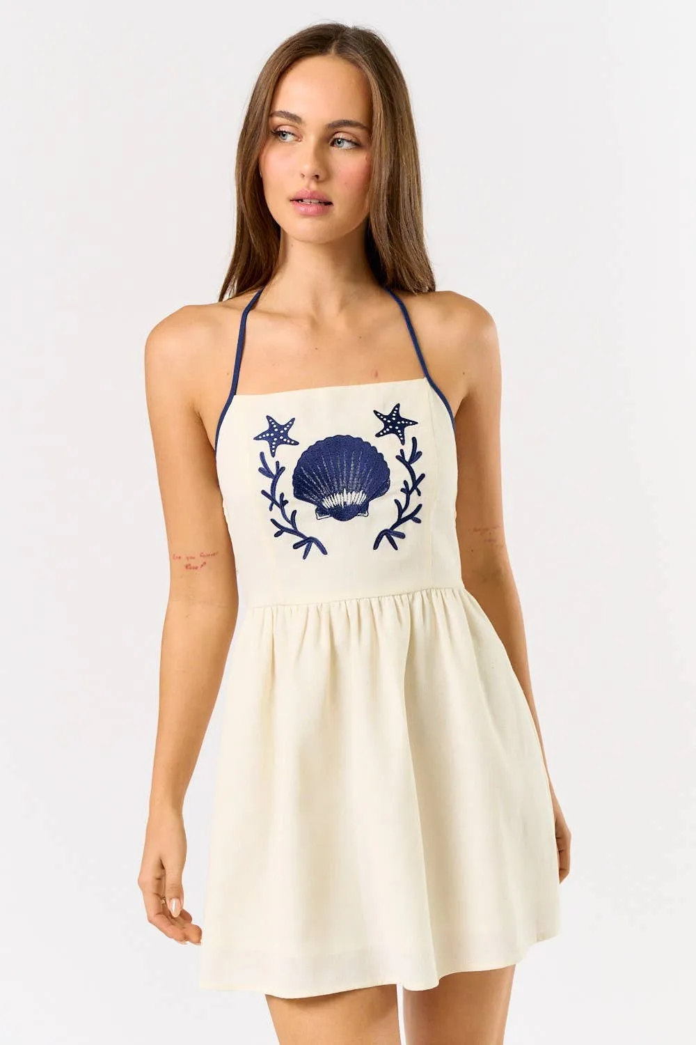LINEN SEASHELL EMBROIDERY HALTER MINI DRES