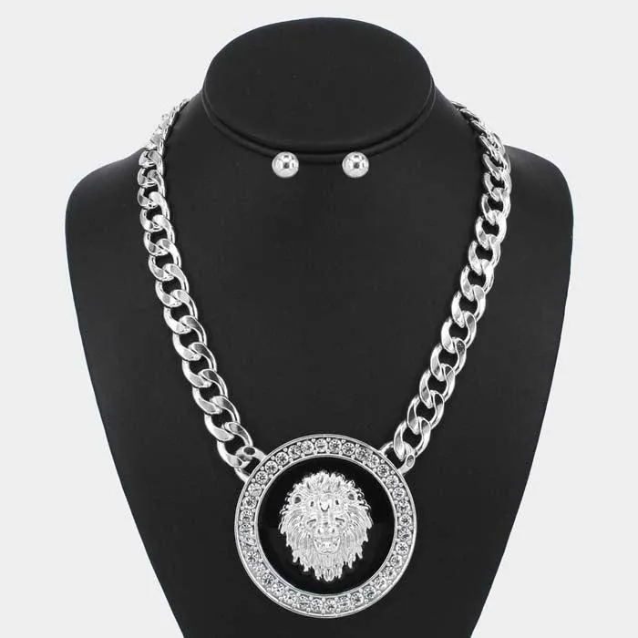 Lion Enamel Rhinestone Embellished Pendant Necklace Set