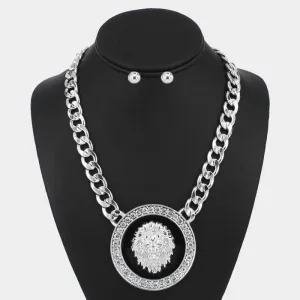 Lion Enamel Rhinestone Embellished Pendant Necklace Set