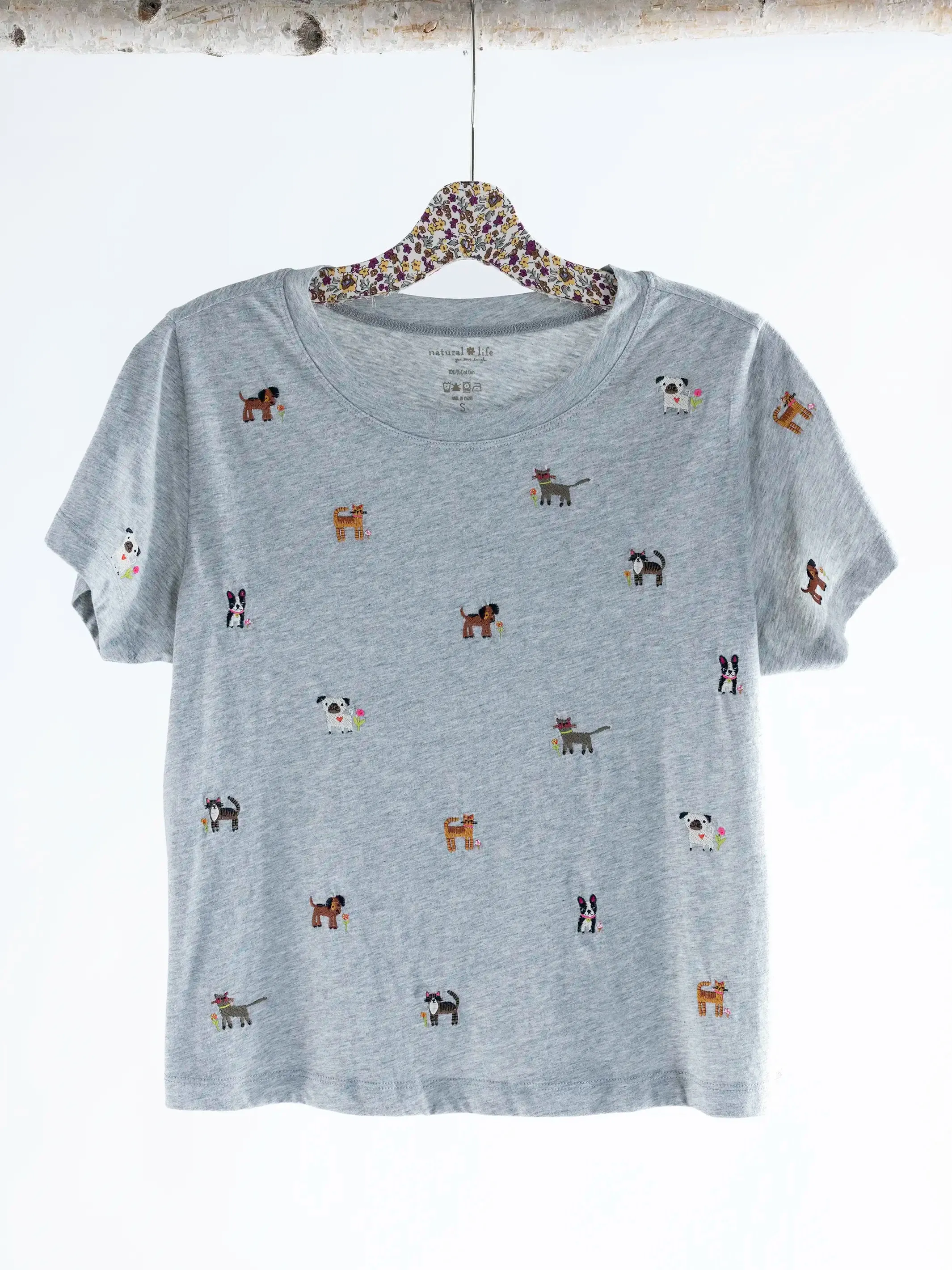 Little Things Embroidered Tee - Grey Cats and Dogs