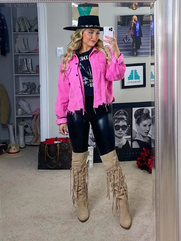 Livin' Like Dolly Corduroy Jacket Frayed Bottom, Hot Pink