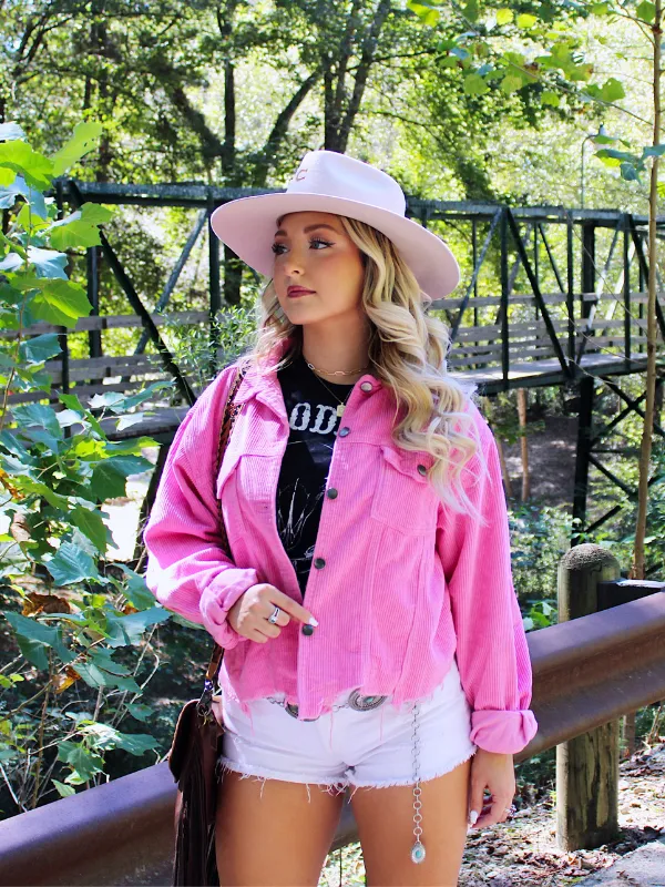 Livin' Like Dolly Corduroy Jacket Frayed Bottom, Hot Pink