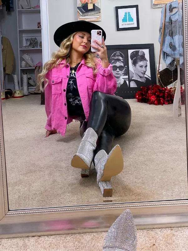 Livin' Like Dolly Corduroy Jacket Frayed Bottom, Hot Pink