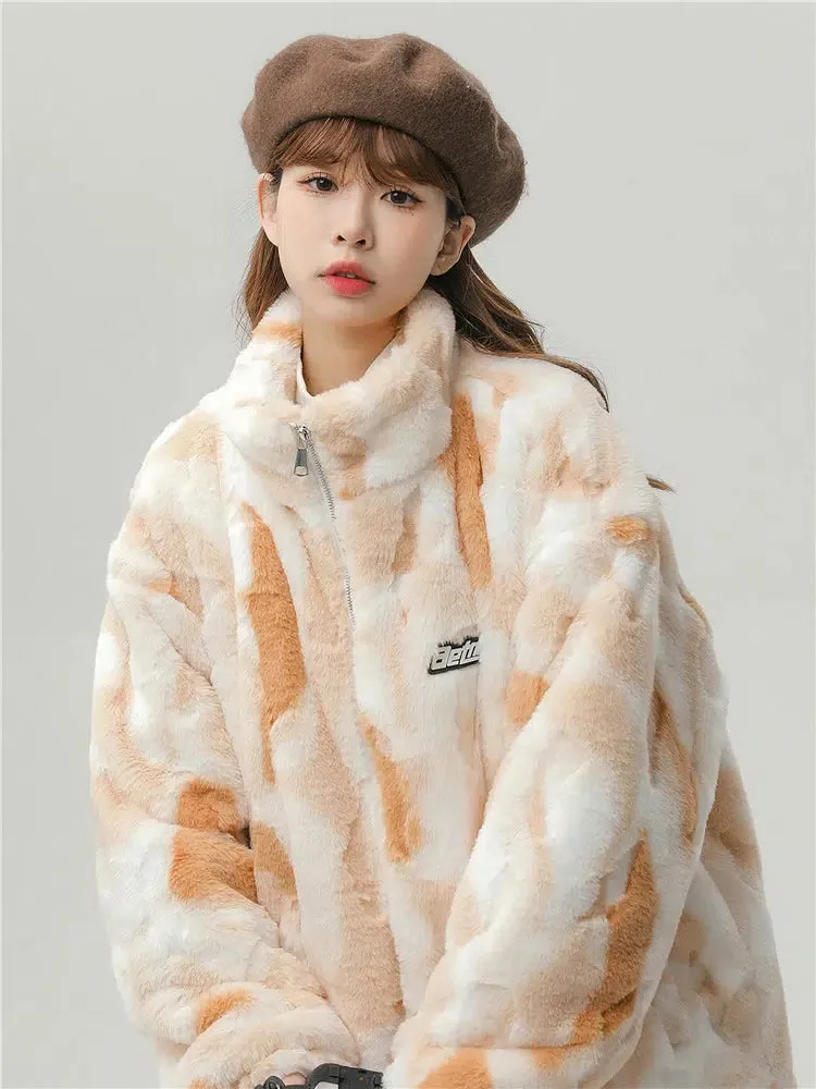 Logo Patch Faux Fur Zip-Up Coat