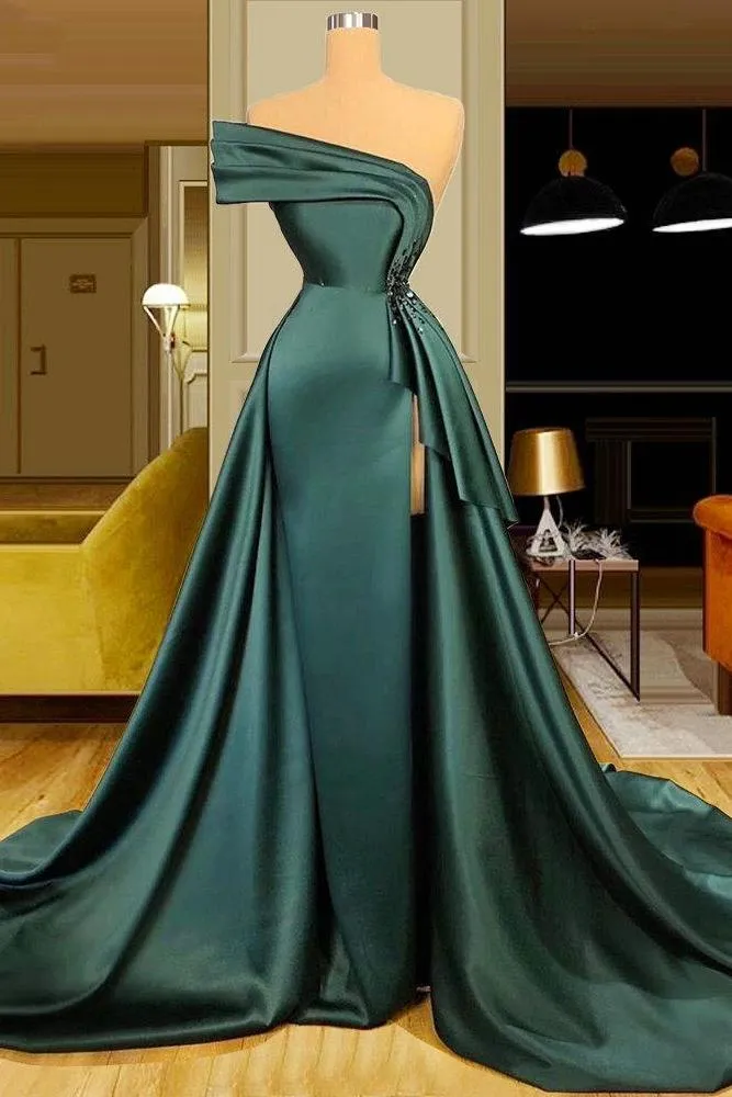 Long Dark Green Satin Prom Dress Elegant Split Evening Gowns