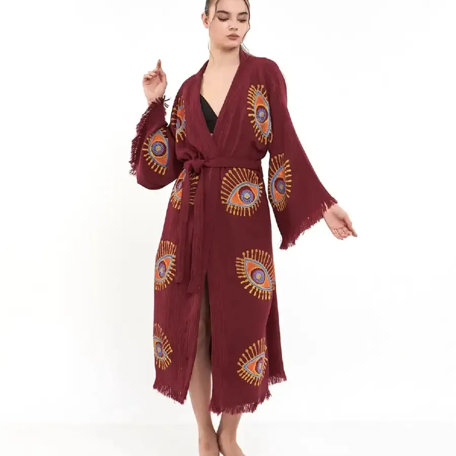Long Evil Eye Kimono, Organic Cotton Kimono, Kaftan Kimono