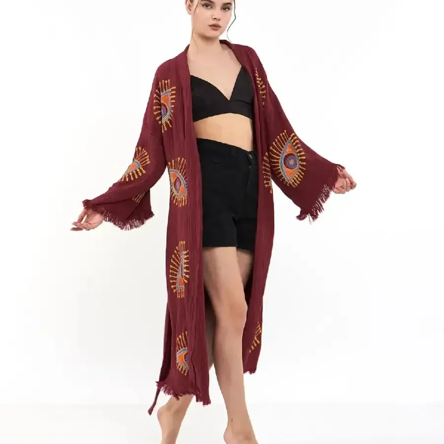 Long Evil Eye Kimono, Organic Cotton Kimono, Kaftan Kimono