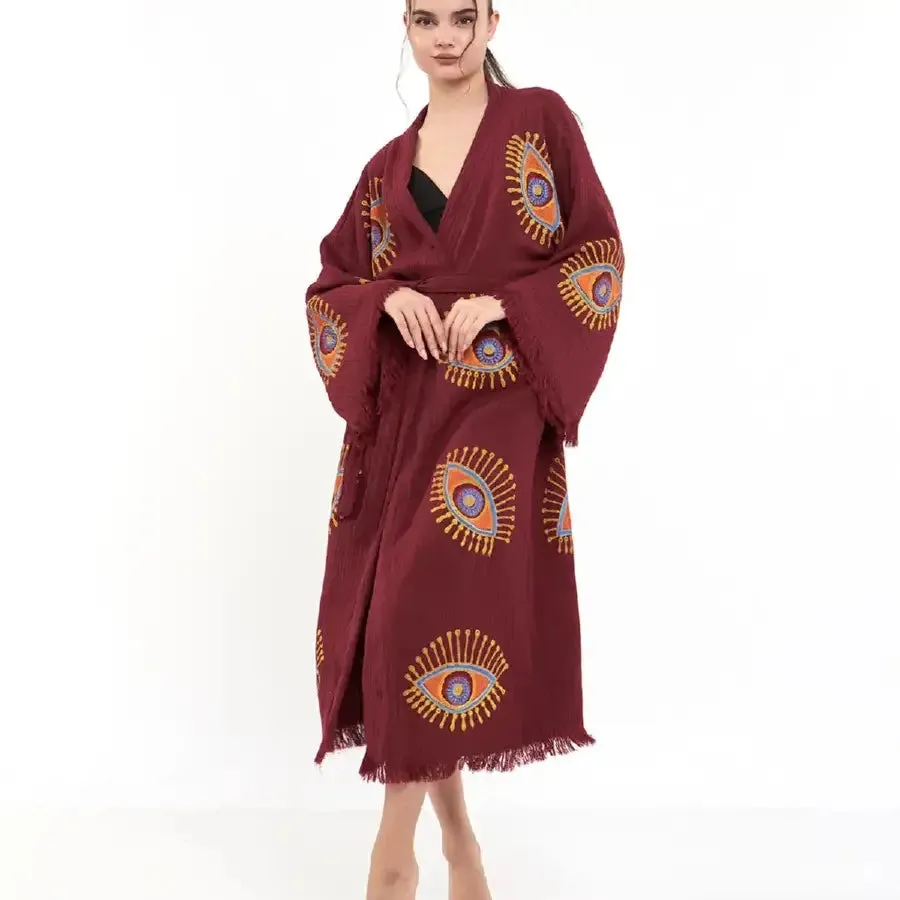 Long Evil Eye Kimono, Organic Cotton Kimono, Kaftan Kimono