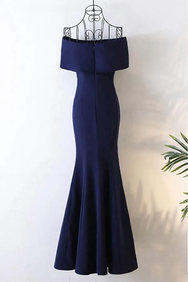 Long Navy Blue Satin Mermaid Forma/Prom Dress Off The Shoulder PG613