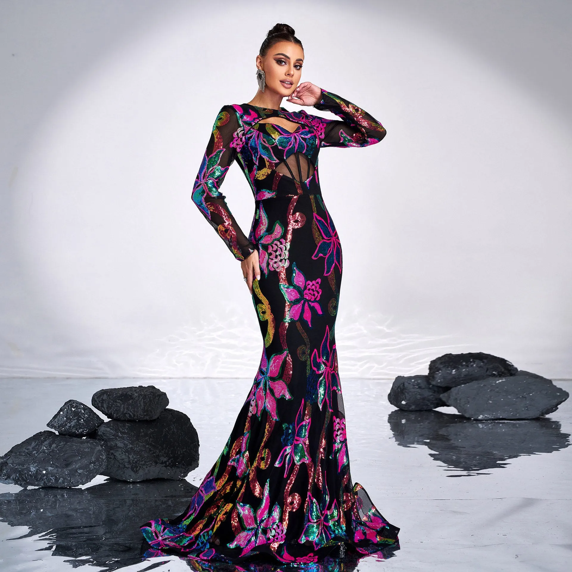 Long Sleeve Cutout Sequined Fishtail Evening Dress