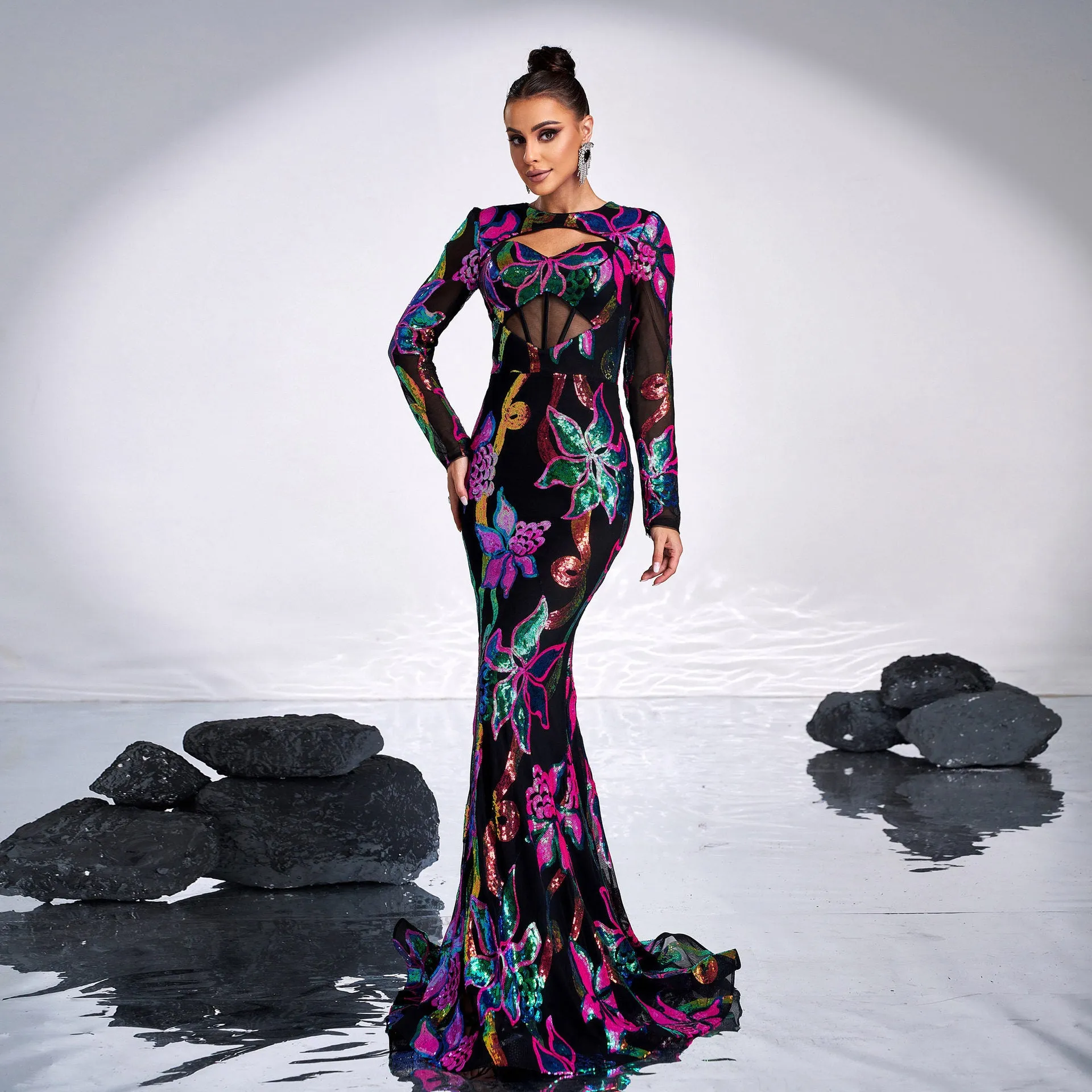 Long Sleeve Cutout Sequined Fishtail Evening Dress