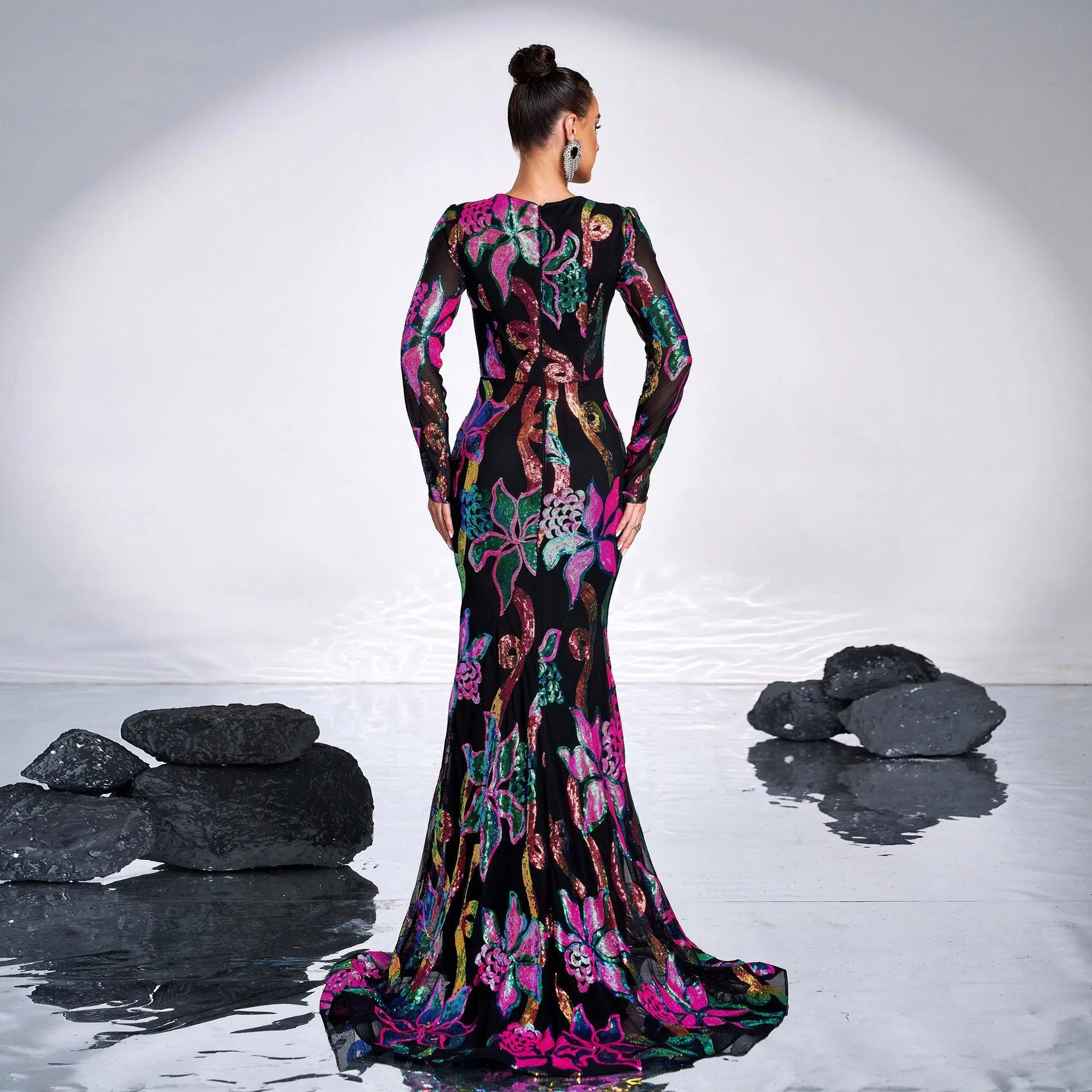 Long Sleeve Cutout Sequined Fishtail Evening Dress