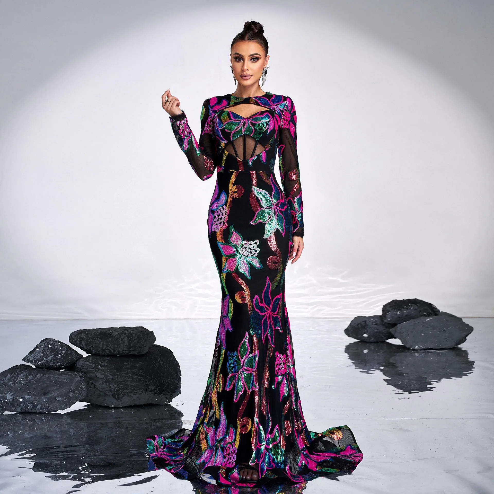 Long Sleeve Cutout Sequined Fishtail Evening Dress
