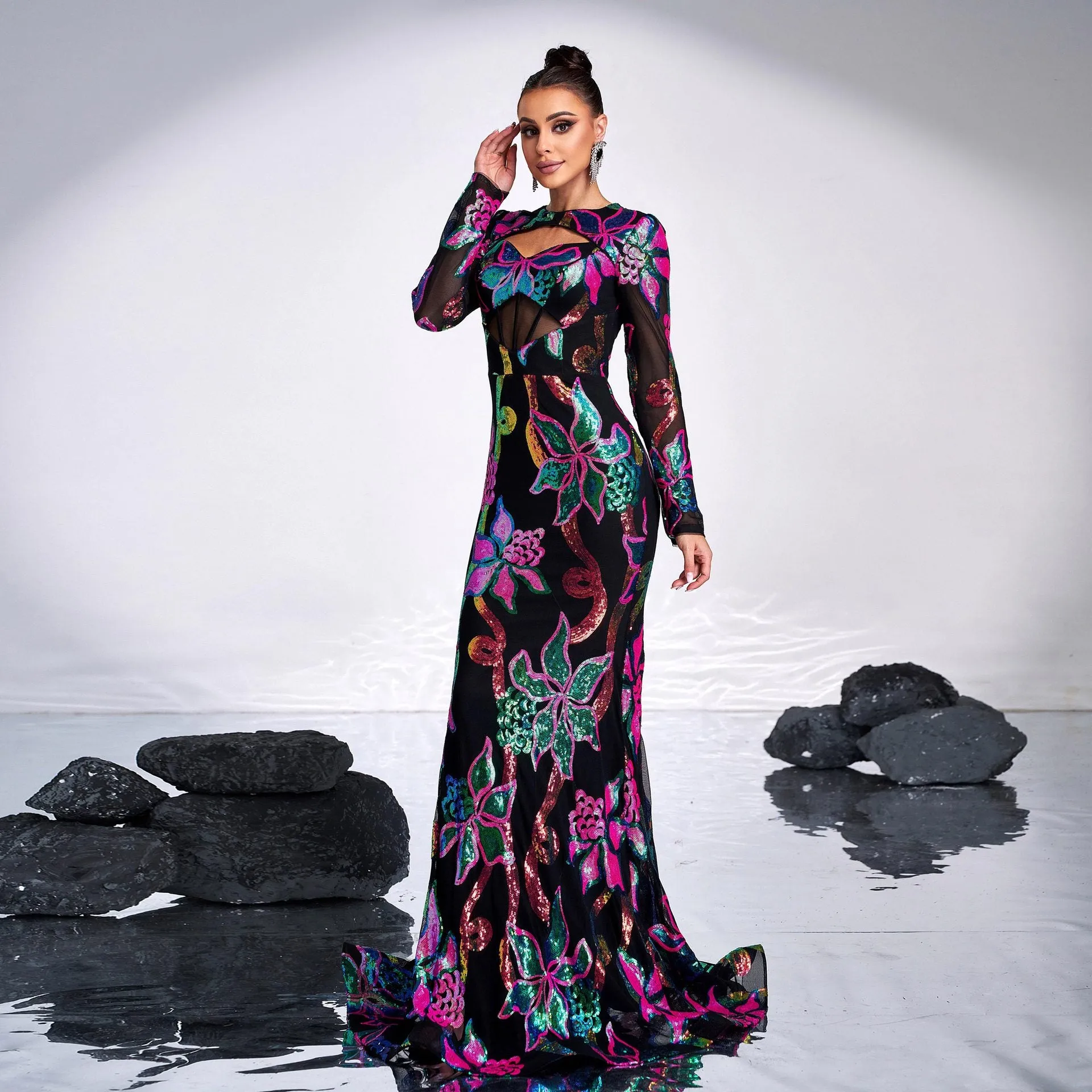Long Sleeve Cutout Sequined Fishtail Evening Dress