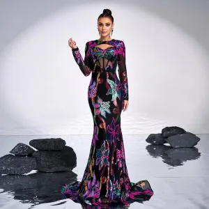 Long Sleeve Cutout Sequined Fishtail Evening Dress