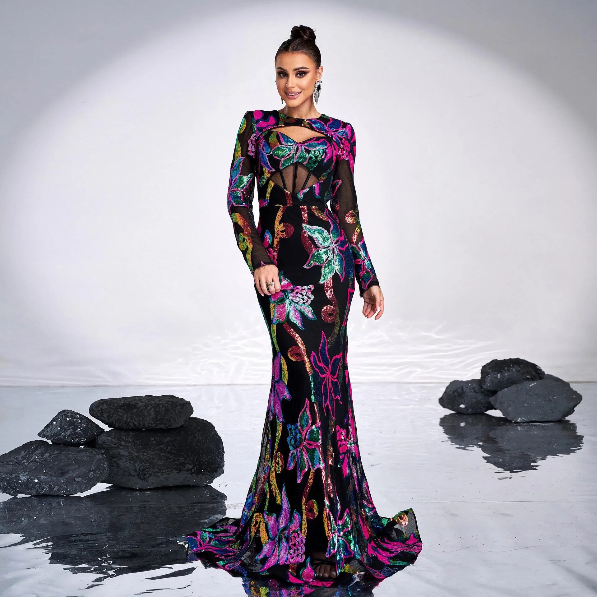 Long Sleeve Cutout Sequined Fishtail Evening Dress