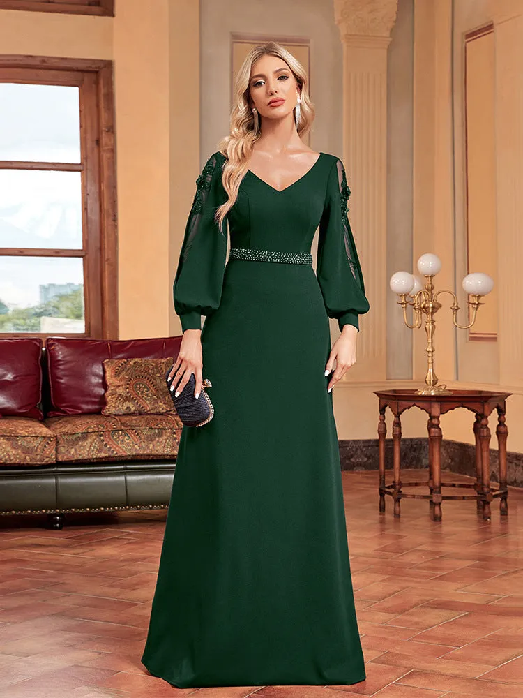 Long Sleeve Rhinestone Backless Evening Dress