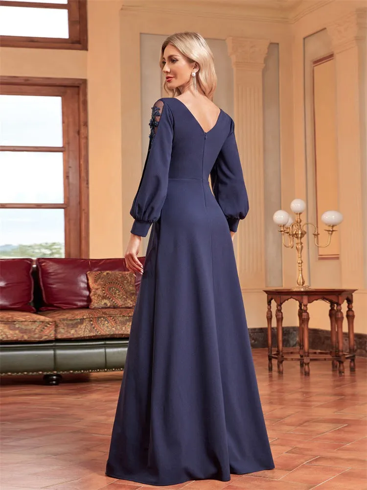 Long Sleeve Rhinestone Backless Evening Dress