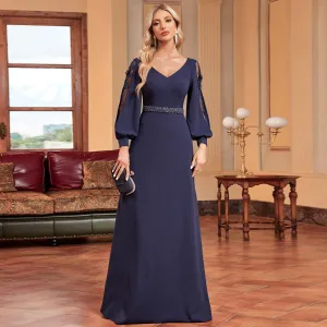 Long Sleeve Rhinestone Backless Evening Dress