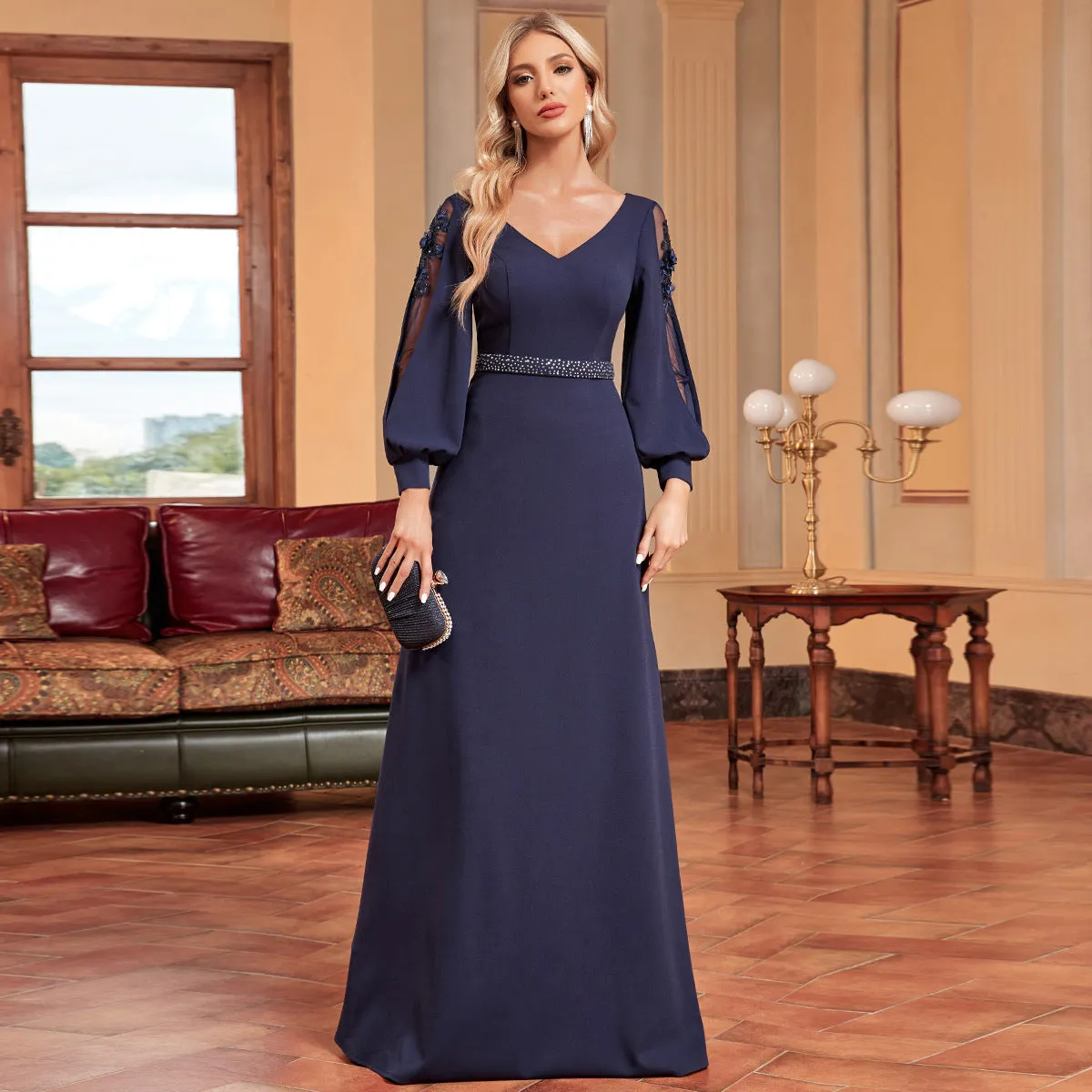 Long Sleeve Rhinestone Backless Evening Dress