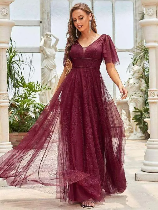 Lorrie flutter sleeve tulle ball gown in burgundy s26 Express NZ wide