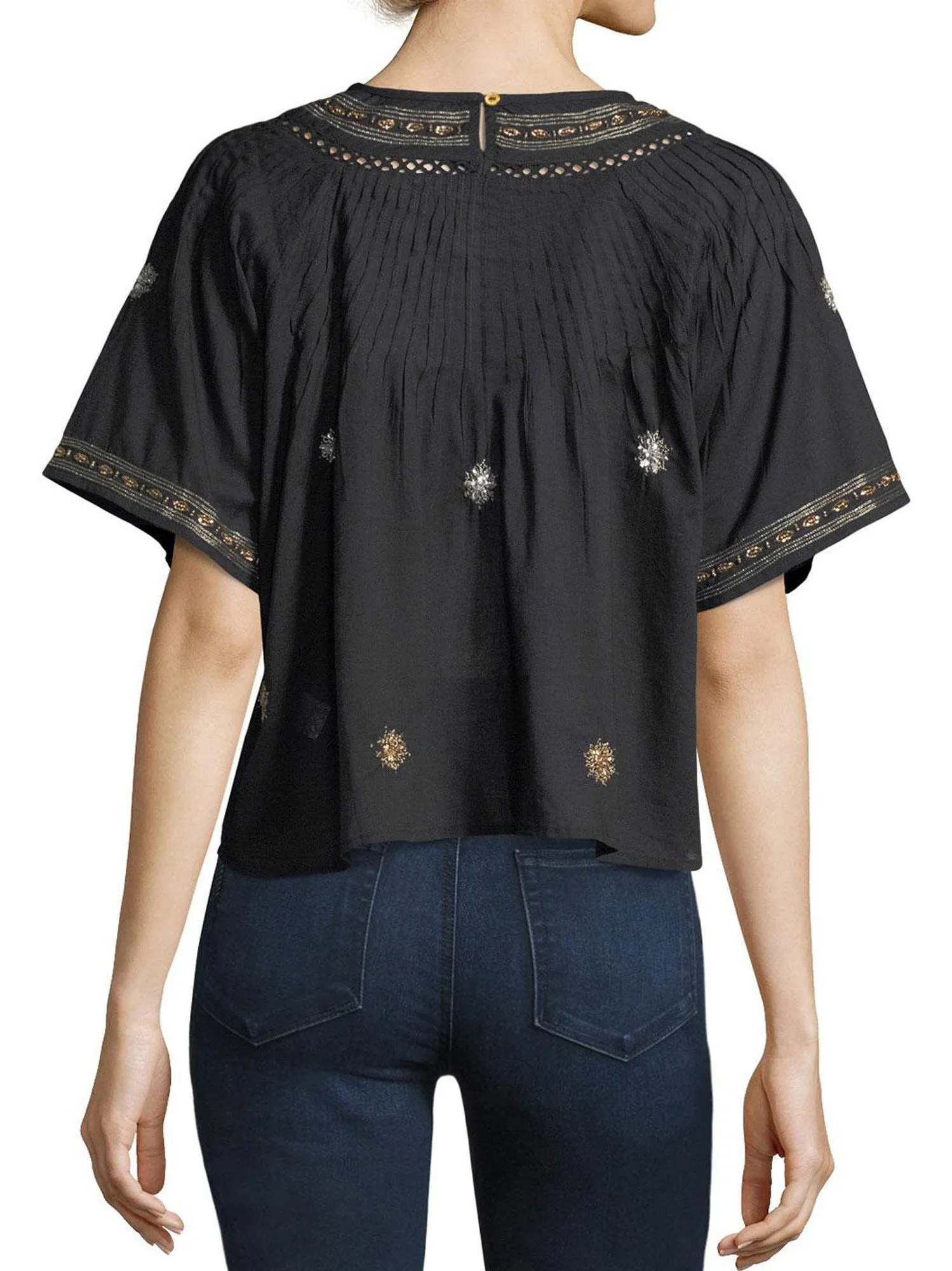 LOVESHACKFANCY Women's Black Isabella Embroidered Crepe Top $255 NWT