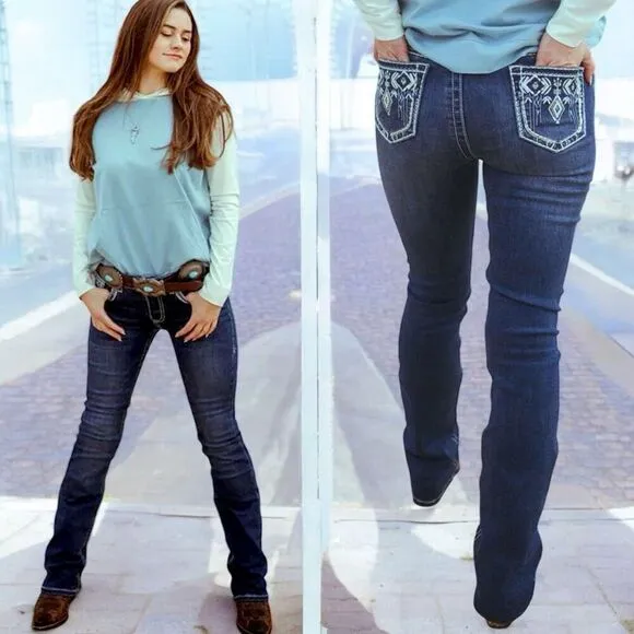 Lucky &amp; Blessed Embroidered Dark Wash Mid Rise Bootcut Jeans NWT