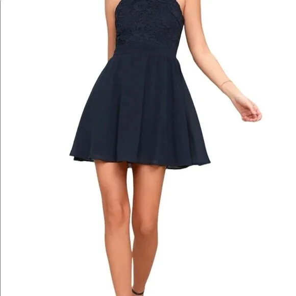 Lulu’s / Lover's Game Navy Blue Floral Lace Skater Dress
