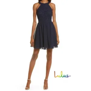 Lulu’s / Lover's Game Navy Blue Floral Lace Skater Dress