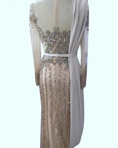 Luxury Muslim Elegant Long Sleeve Beaded Prom Dress with Detachable Train Mermaid Evening Gowns Dresses For Woman AW70199
