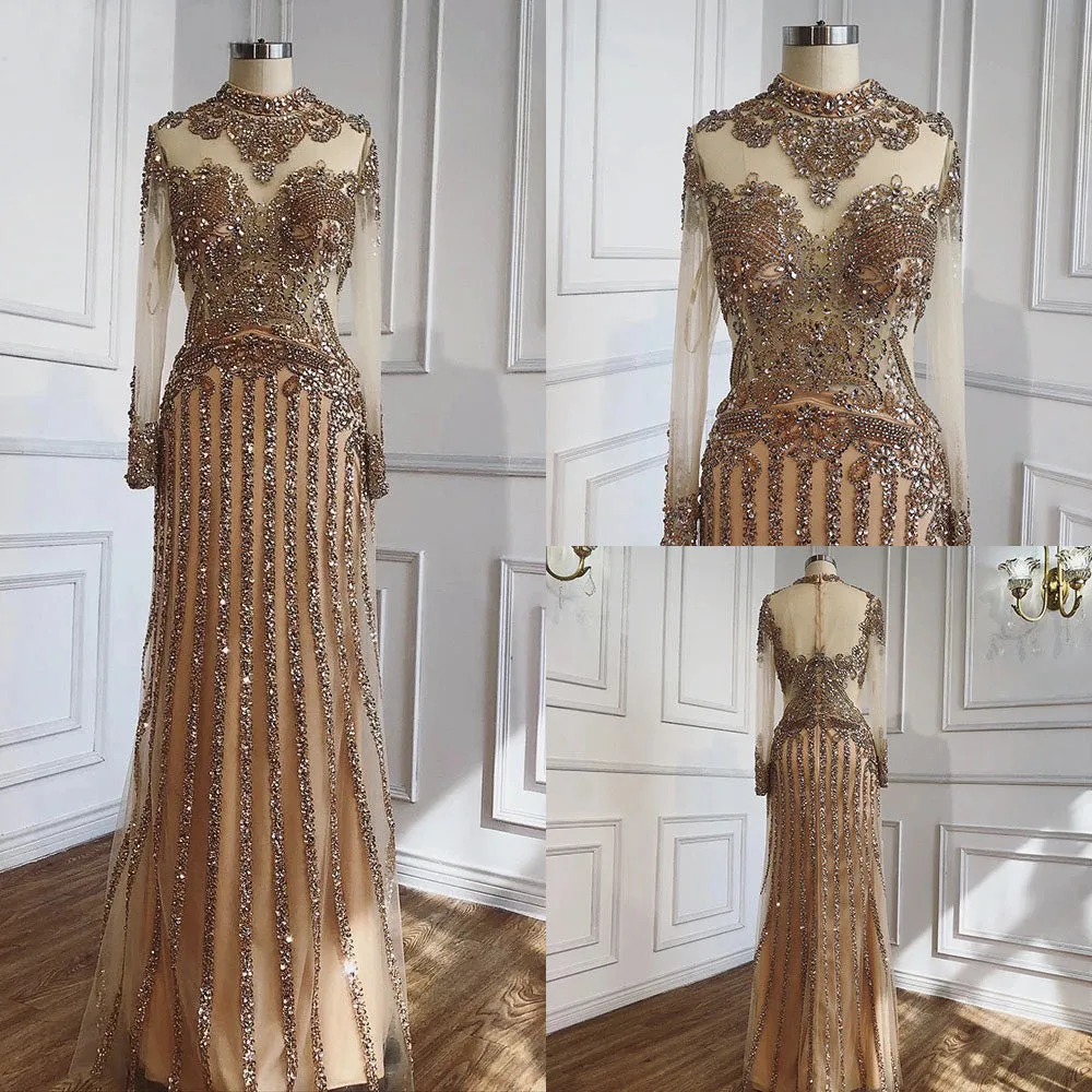Luxury Muslim Elegant Long Sleeve Beaded Prom Dress with Detachable Train Mermaid Evening Gowns Dresses For Woman AW70199