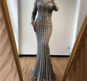 Luxury Muslim Elegant Long Sleeve Beaded Prom Dress with Detachable Train Mermaid Evening Gowns Dresses For Woman AW70199