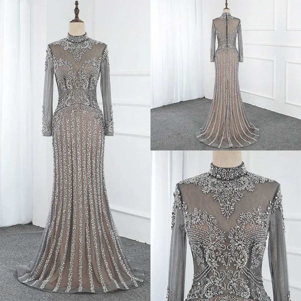 Luxury Muslim Elegant Long Sleeve Beaded Prom Dress with Detachable Train Mermaid Evening Gowns Dresses For Woman AW70199