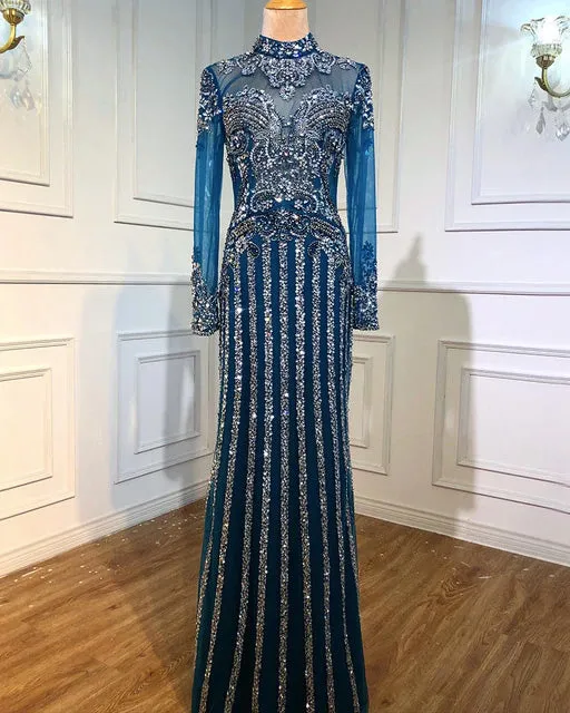Luxury Muslim Elegant Long Sleeve Beaded Prom Dress with Detachable Train Mermaid Evening Gowns Dresses For Woman AW70199