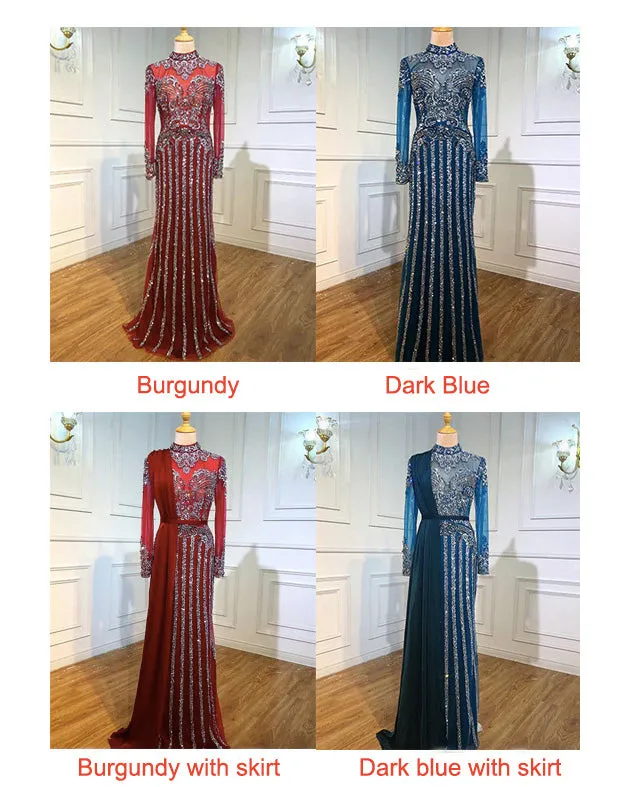 Luxury Muslim Elegant Long Sleeve Beaded Prom Dress with Detachable Train Mermaid Evening Gowns Dresses For Woman AW70199