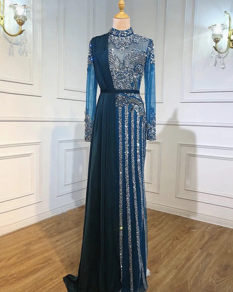 Luxury Muslim Elegant Long Sleeve Beaded Prom Dress with Detachable Train Mermaid Evening Gowns Dresses For Woman AW70199