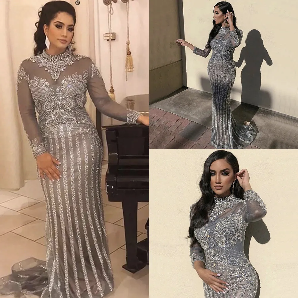 Luxury Muslim Elegant Long Sleeve Beaded Prom Dress with Detachable Train Mermaid Evening Gowns Dresses For Woman AW70199