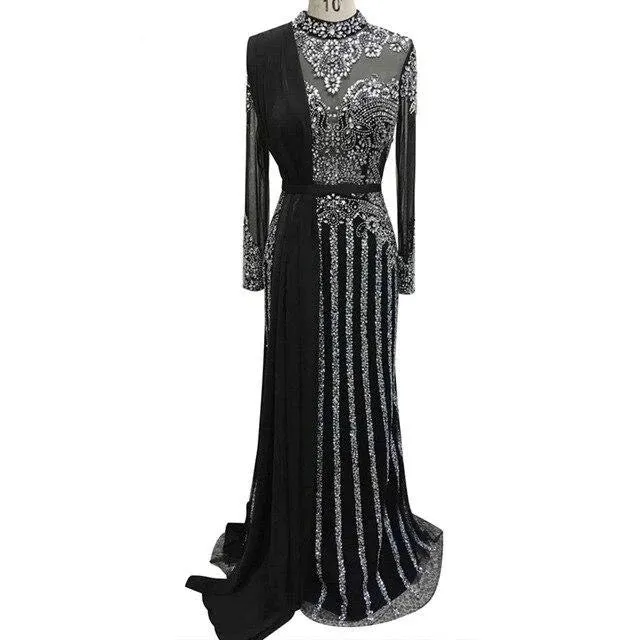 Luxury Muslim Elegant Long Sleeve Beaded Prom Dress with Detachable Train Mermaid Evening Gowns Dresses For Woman AW70199