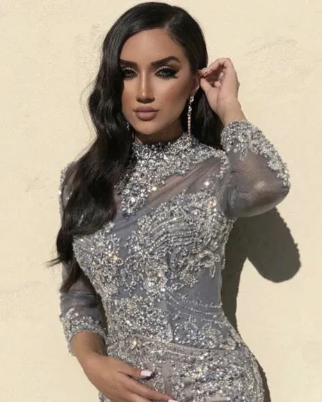 Luxury Muslim Elegant Long Sleeve Beaded Prom Dress with Detachable Train Mermaid Evening Gowns Dresses For Woman AW70199