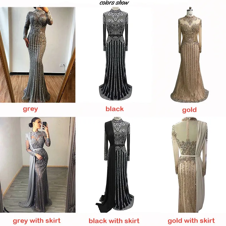 Luxury Muslim Elegant Long Sleeve Beaded Prom Dress with Detachable Train Mermaid Evening Gowns Dresses For Woman AW70199