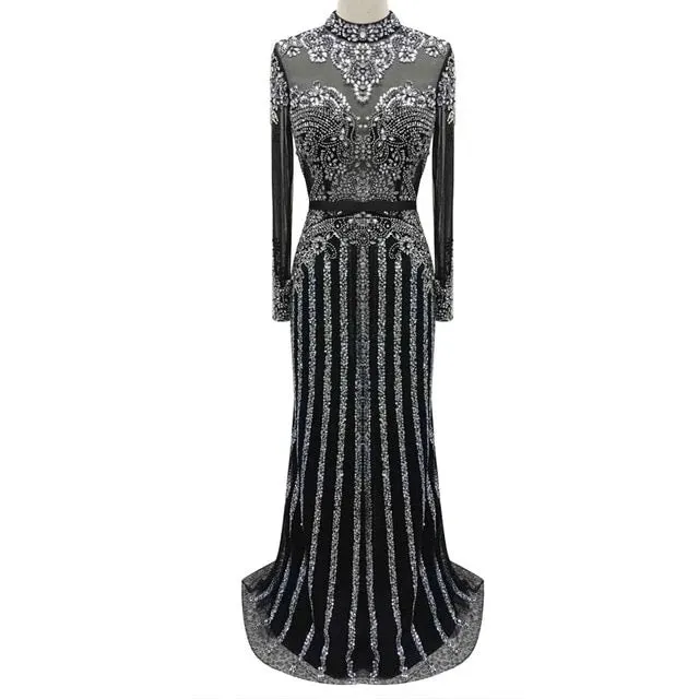 Luxury Muslim Elegant Long Sleeve Beaded Prom Dress with Detachable Train Mermaid Evening Gowns Dresses For Woman AW70199