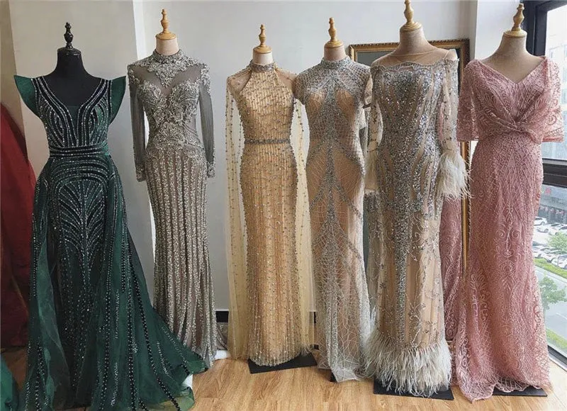 Luxury Muslim Elegant Long Sleeve Beaded Prom Dress with Detachable Train Mermaid Evening Gowns Dresses For Woman AW70199